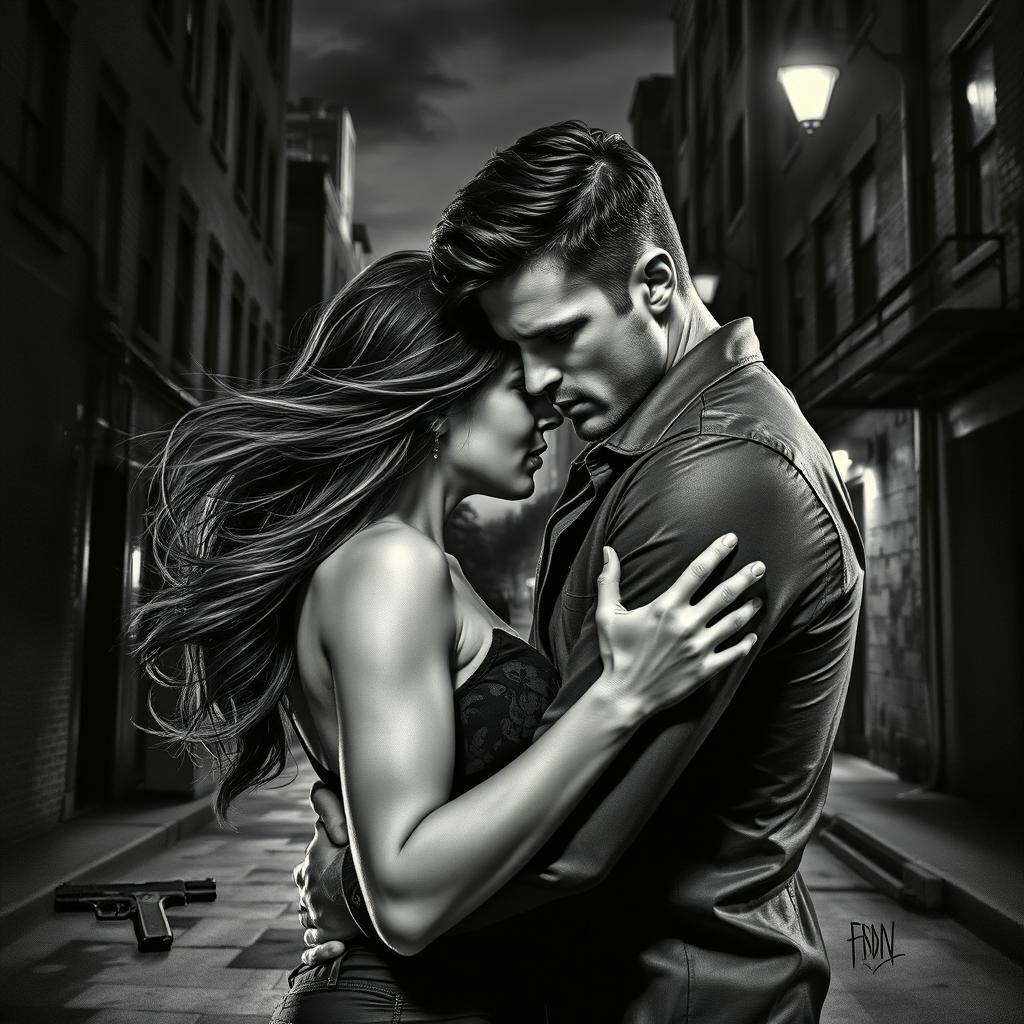 A dramatic black and white scene depicting a passionate love story intertwined with elements of crime