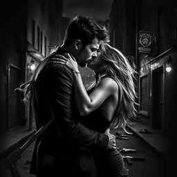 A dramatic black and white scene depicting a passionate love story intertwined with elements of crime