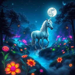 A stunning fantasy landscape featuring a mystical forest with vibrant, bioluminescent plants illuminating the surroundings in hues of blue, purple, and green