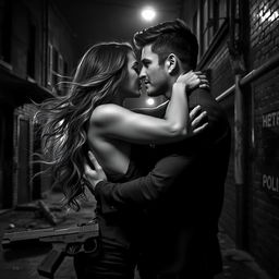 A dramatic black and white scene depicting a passionate love story intertwined with elements of crime
