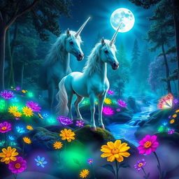 A stunning fantasy landscape featuring a mystical forest with vibrant, bioluminescent plants illuminating the surroundings in hues of blue, purple, and green