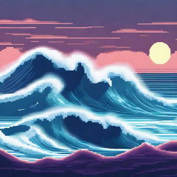 A pixel art digital image showcasing two towering waves on either side with a visible ocean floor in the middle, rendered in a high-quality, cinematic style