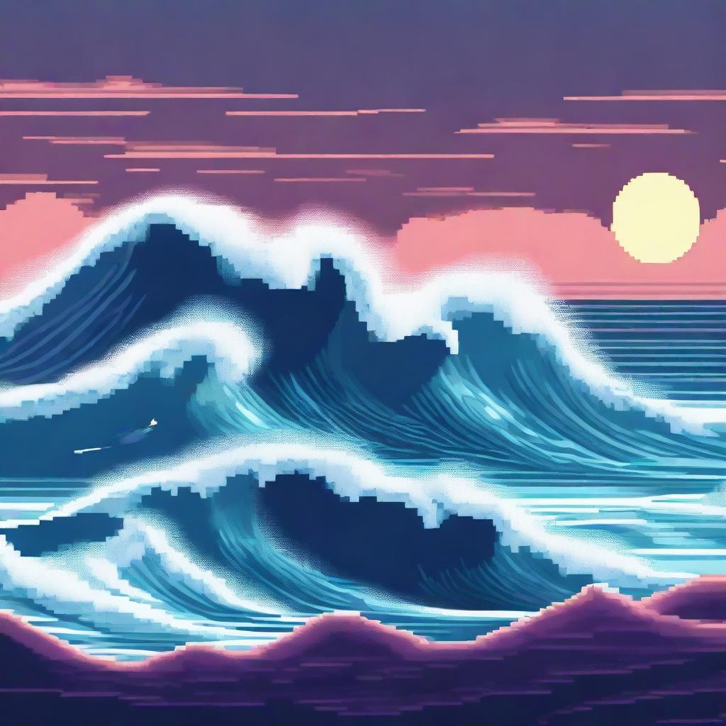 A pixel art digital image showcasing two towering waves on either side with a visible ocean floor in the middle, rendered in a high-quality, cinematic style