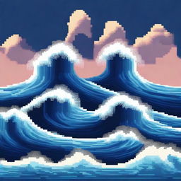 A pixel art digital image showcasing two towering waves on either side with a visible ocean floor in the middle, rendered in a high-quality, cinematic style