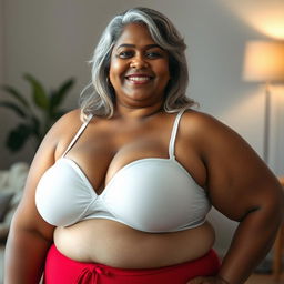 A plus-size Indian mature woman with silver-grey hair, confidently wearing a white bra and red panties