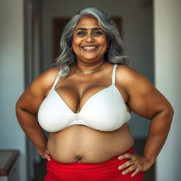 A plus-size Indian mature woman with silver-grey hair, confidently wearing a white bra and red panties
