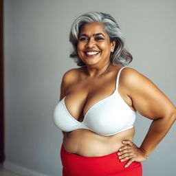 A plus-size Indian mature woman with silver-grey hair, confidently wearing a white bra and red panties