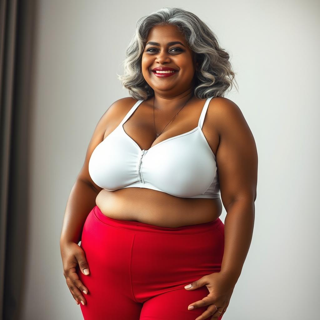 A plus-size Indian mature woman with silver-grey hair, confidently wearing a white bra and red panties