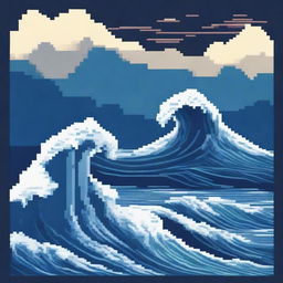 A pixel art digital image showcasing two towering waves on either side with a visible ocean floor in the middle, rendered in a high-quality, cinematic style