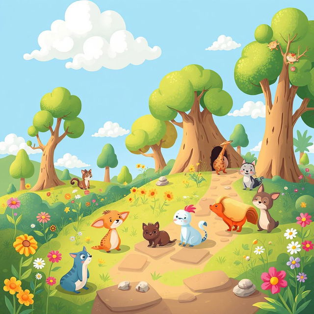 A whimsical illustration of small, clever animals embarking on an adventurous journey through a colorful forest, showcasing their intelligence as they solve puzzles and navigate challenges along the way