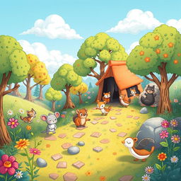 A whimsical illustration of small, clever animals embarking on an adventurous journey through a colorful forest, showcasing their intelligence as they solve puzzles and navigate challenges along the way