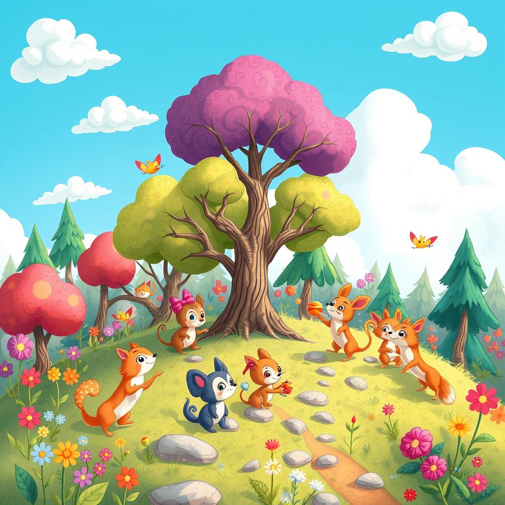 A whimsical illustration of small, clever animals embarking on an adventurous journey through a colorful forest, showcasing their intelligence as they solve puzzles and navigate challenges along the way