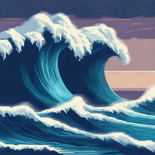 A pixel art digital image showcasing two towering waves on either side with a visible ocean floor in the middle, rendered in a high-quality, cinematic style