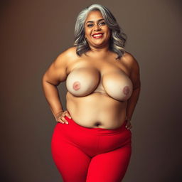 A plus-size Indian mature woman with silver-grey hair, confidently wearing only red panties