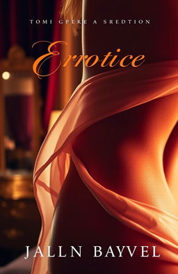 An alluring book cover for an erotic novel, featuring a close-up of a seductive female figure partially draped in sheer silk fabric, her skin glowing under soft, warm lighting