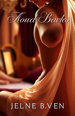 An alluring book cover for an erotic novel, featuring a close-up of a seductive female figure partially draped in sheer silk fabric, her skin glowing under soft, warm lighting