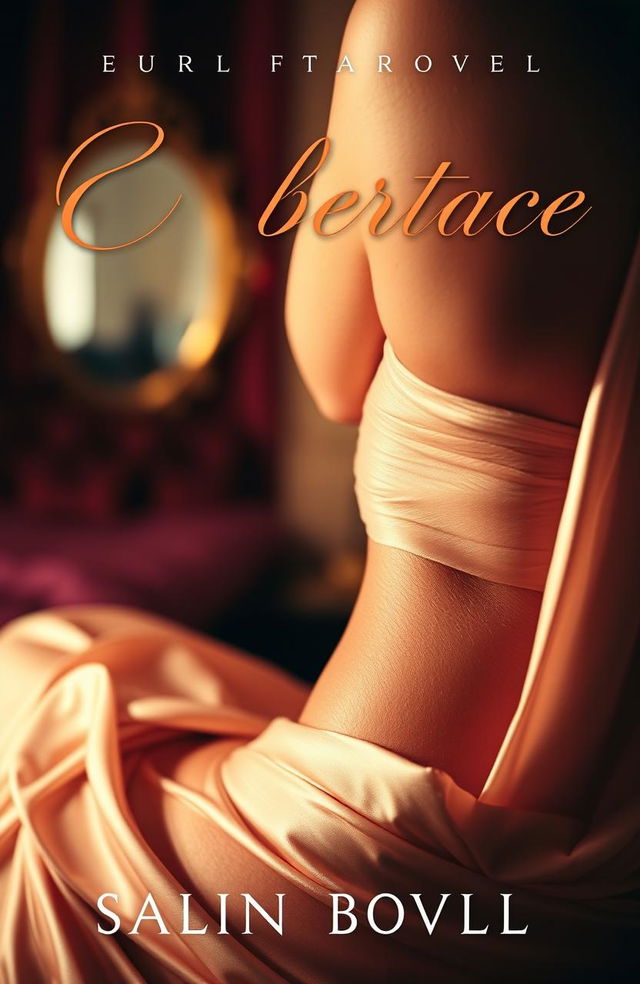 An alluring book cover for an erotic novel, featuring a close-up of a seductive female figure partially draped in sheer silk fabric, her skin glowing under soft, warm lighting