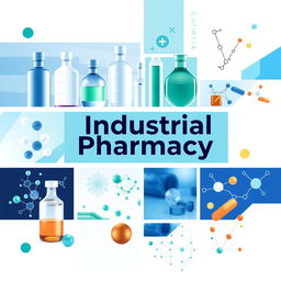 An industrial pharmacy cover page, featuring a modern and unique design that incorporates various images related to pharmacy and medicine
