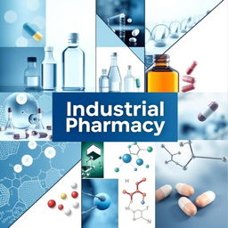 An industrial pharmacy cover page, featuring a modern and unique design that incorporates various images related to pharmacy and medicine