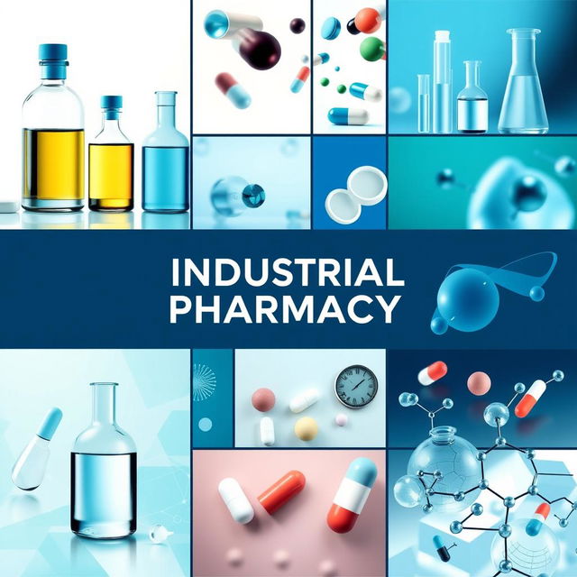 An industrial pharmacy cover page, featuring a modern and unique design that incorporates various images related to pharmacy and medicine