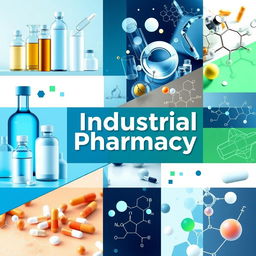 An industrial pharmacy cover page, featuring a modern and unique design that incorporates various images related to pharmacy and medicine