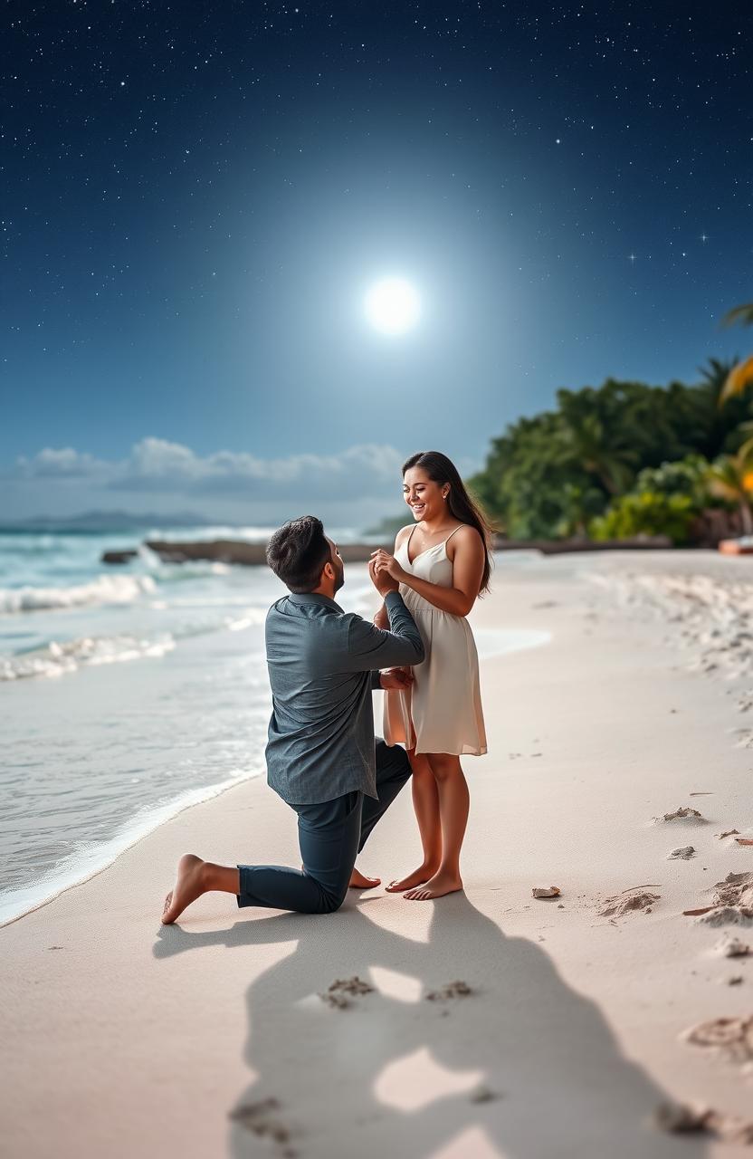 A romantic proposal scene under a starlit sky, featuring a couple on a picturesque beach