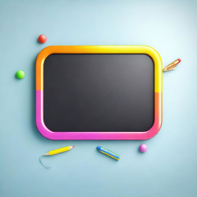 A high-quality 3D image of a cute, shiny plastic chalkboard for kids, rendered in vivid colors