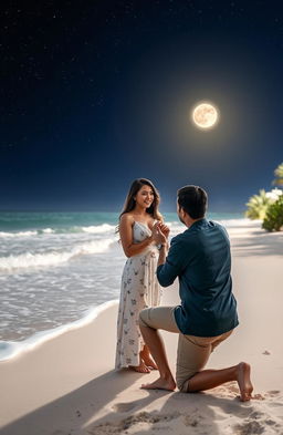A romantic proposal scene under a starlit sky, featuring a couple on a picturesque beach