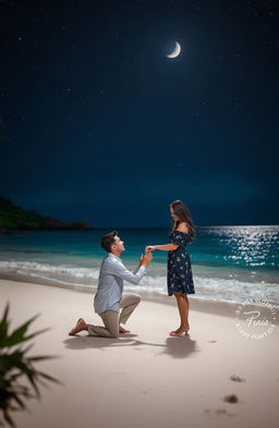 A romantic proposal scene under a starlit sky, featuring a couple on a picturesque beach