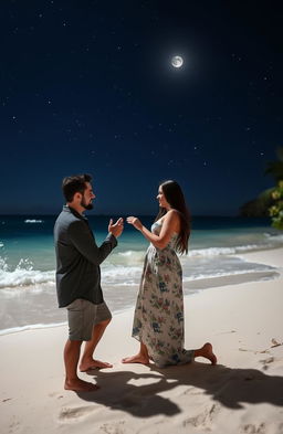 A romantic proposal scene under a starlit sky, featuring a couple on a picturesque beach