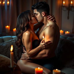 An enchanting visual representation to accompany an erotic story, depicting a sensuous scene where two lovers entwine in a passionate embrace