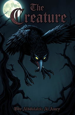 A detailed illustration of a bird-like creature with dark, feathered wings and sharp talons, stalking silently in a moonlit night setting
