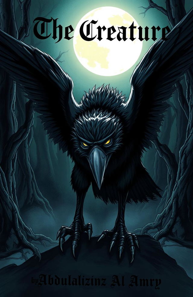 A detailed illustration of a bird-like creature with dark, feathered wings and sharp talons, stalking silently in a moonlit night setting