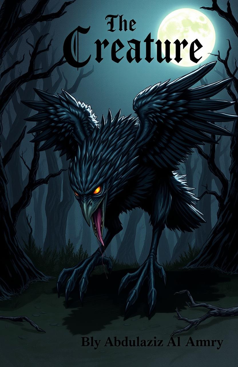 A detailed illustration of a bird-like creature with dark, feathered wings and sharp talons, stalking silently in a moonlit night setting