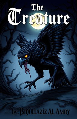 A detailed illustration of a bird-like creature with dark, feathered wings and sharp talons, stalking silently in a moonlit night setting