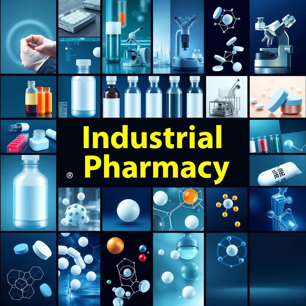 An industrial pharmacy cover page featuring an innovative and unique design that fuses numerous images related to the pharmaceutical industry