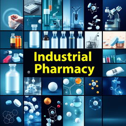 An industrial pharmacy cover page featuring an innovative and unique design that fuses numerous images related to the pharmaceutical industry