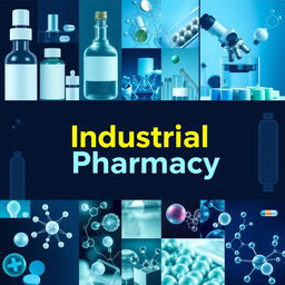 An industrial pharmacy cover page featuring an innovative and unique design that fuses numerous images related to the pharmaceutical industry