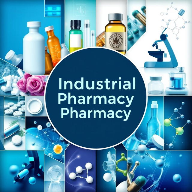 An industrial pharmacy cover page featuring an innovative and unique design that fuses numerous images related to the pharmaceutical industry