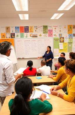 An engaging classroom scene featuring a diverse group of adult learners engaged in an English reading and writing module