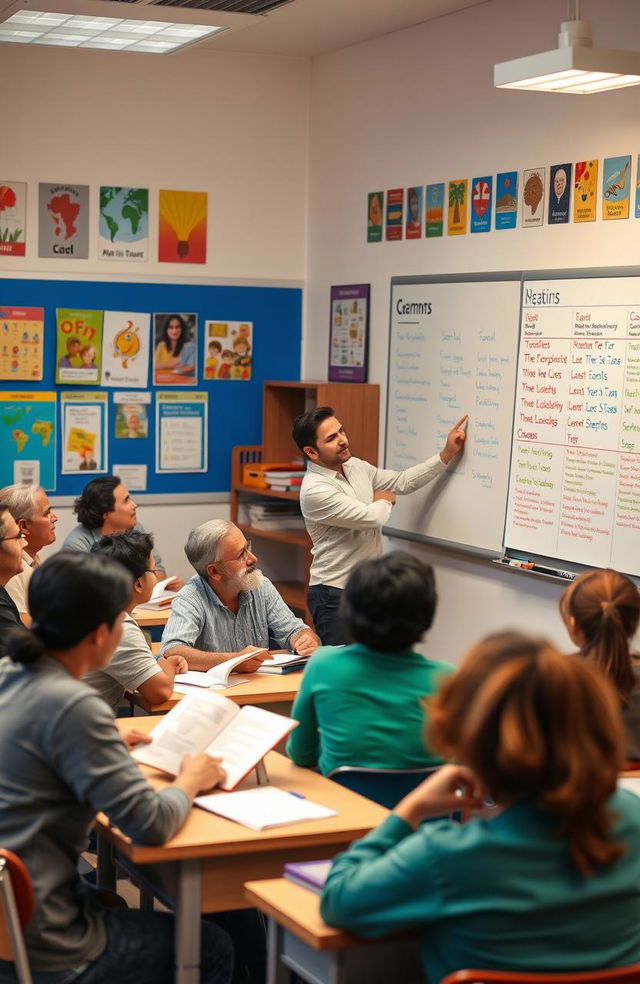 An engaging classroom scene featuring a diverse group of adult learners engaged in an English reading and writing module