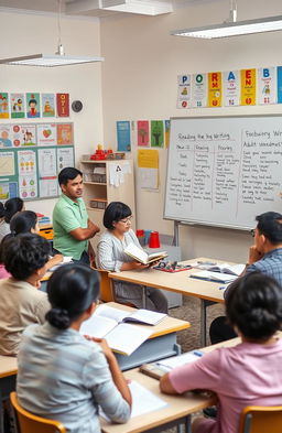 An engaging classroom scene featuring a diverse group of adult learners engaged in an English reading and writing module
