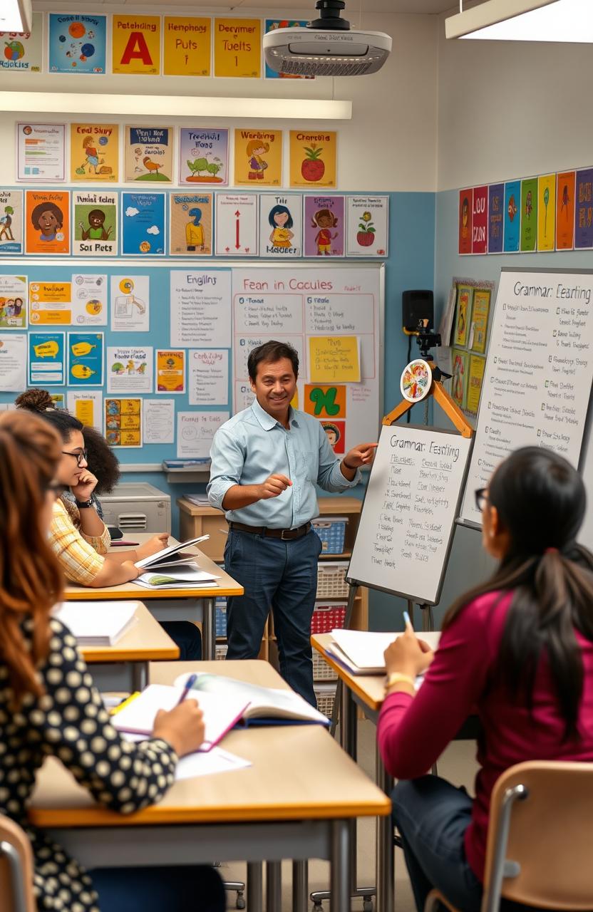 An engaging classroom scene featuring a diverse group of adult learners engaged in an English reading and writing module