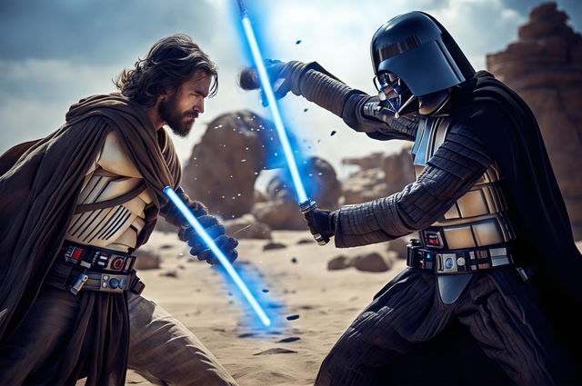 A high-quality photograph featuring Jesus as a Jedi Knight with a blue lightsaber, dueling Satan represented as a Sith Lord with a red lightsaber