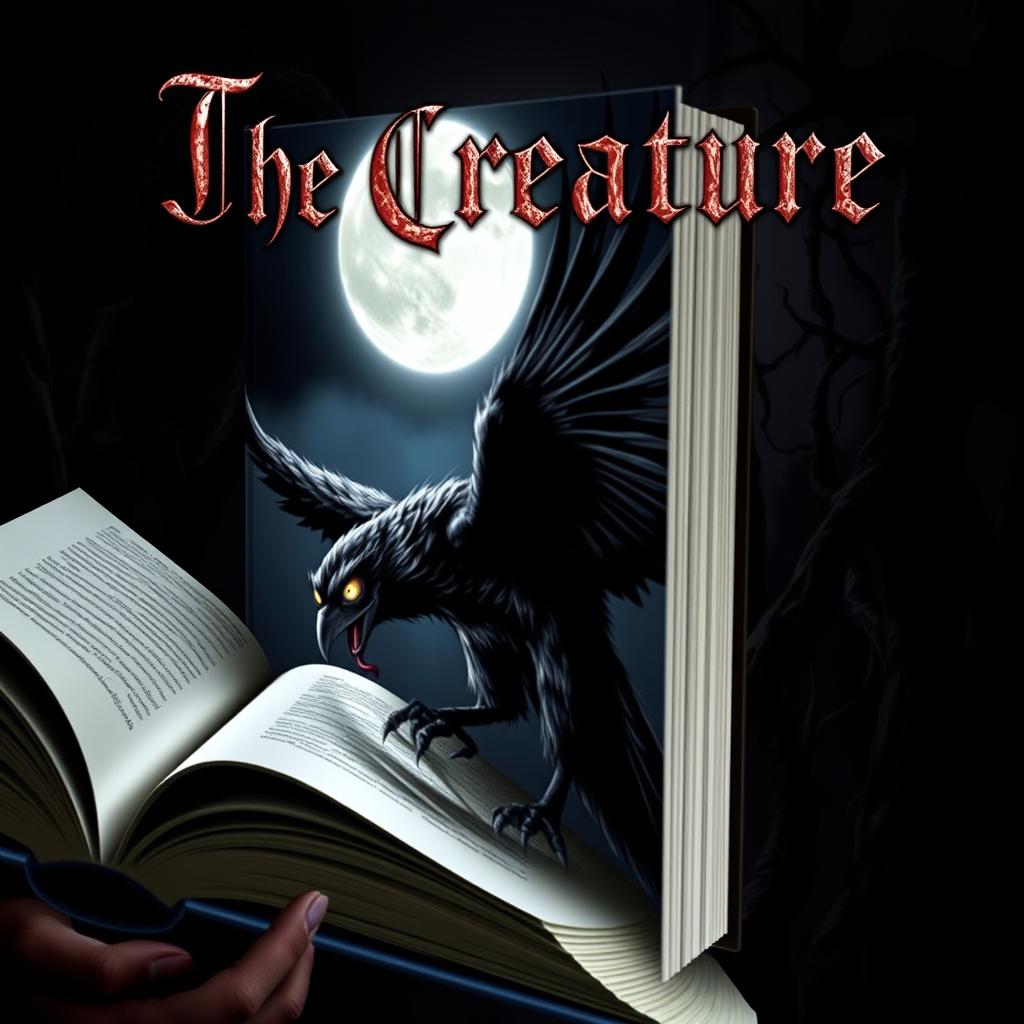 A captivating book cover featuring a bird-like creature with dark, feathered wings and sharp talons, positioned on the side of the page, stalking silently in a moonlit night setting