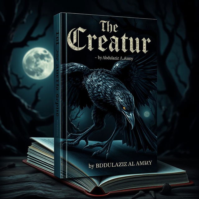 A captivating book cover featuring a bird-like creature with dark, feathered wings and sharp talons, positioned on the side of the page, stalking silently in a moonlit night setting