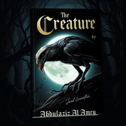 A striking book cover featuring a bird-dinosaur-like creature with a combination of feathers and sleek scales, stalking silently in a moonlit night