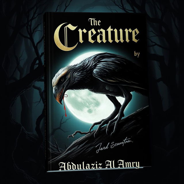 A striking book cover featuring a bird-dinosaur-like creature with a combination of feathers and sleek scales, stalking silently in a moonlit night