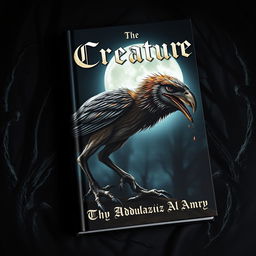 A striking book cover featuring a bird-dinosaur-like creature with a combination of feathers and sleek scales, stalking silently in a moonlit night