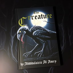 A striking book cover featuring a bird-dinosaur-like creature with a combination of feathers and sleek scales, stalking silently in a moonlit night